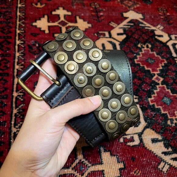 Warehouse Belt with Brass Hardware Grommets Black Leather Sz M - Picture 1 of 7